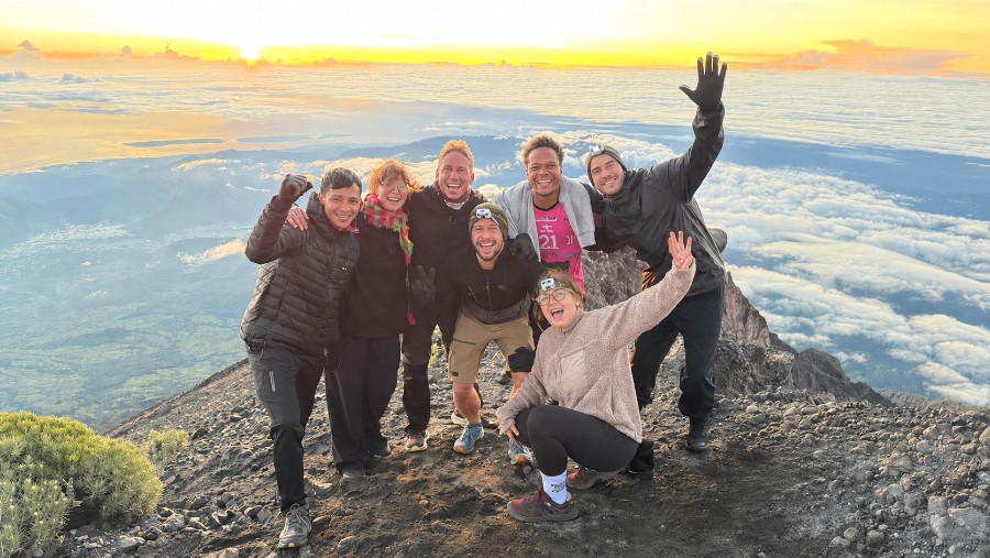 Trekker with guide at Mount Rinjani summit